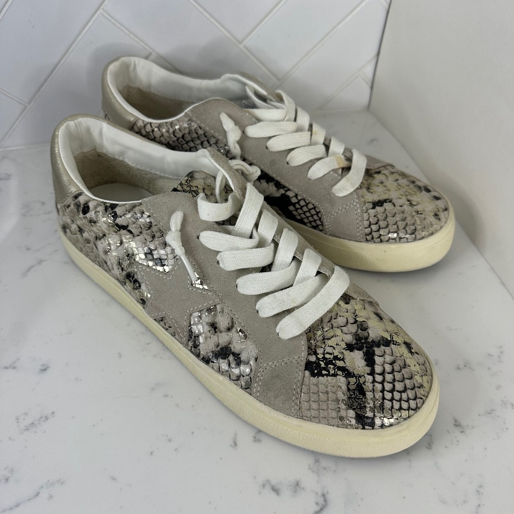 Steve‎ Madden NY90 Snakeskin Star Sneakers Metallic Gold Grey Suede Womens 9
